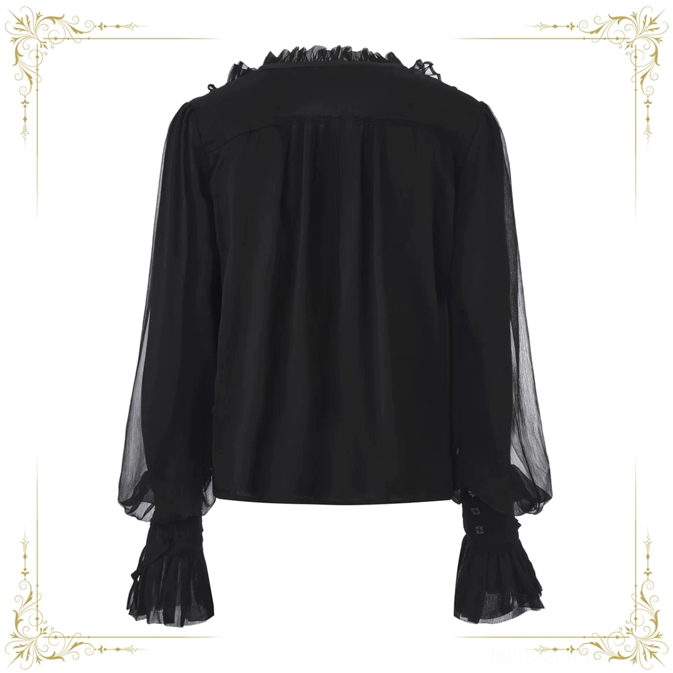 Black ouji lolita chiffon blouse rear view showing ruffled back neckline and all-over chiffon fabric with long sheer sleeves and decorative ruffled cuffs, flat lay back display