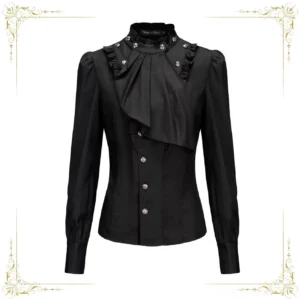 Classic black vintage Ouji Lolita blouse with detachable ruffled jabot, stand collar, gold decorative buttons, puff sleeves, and lace-up back adjustment - front full view flat lay