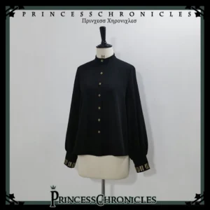 Black Ouji Lolita blouse with gold vintage buttons front flat lay display showcasing stand collar and puffed sleeves
