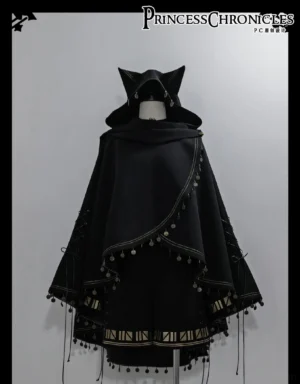 Black Ouji lolita cape with cat ear hood and vintage tassel trim displayed on dress form front flat lay view