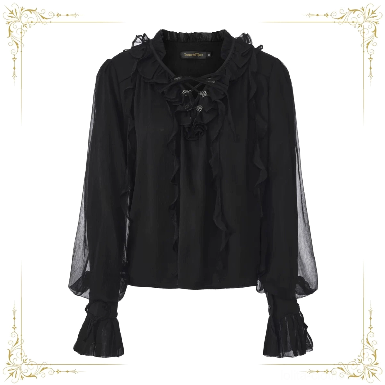 Black pirate prince ouji lolita chiffon blouse with multi-layered ruffles and sheer lantern sleeves, flat lay front display highlighting ruffled stand collar and lace trim details