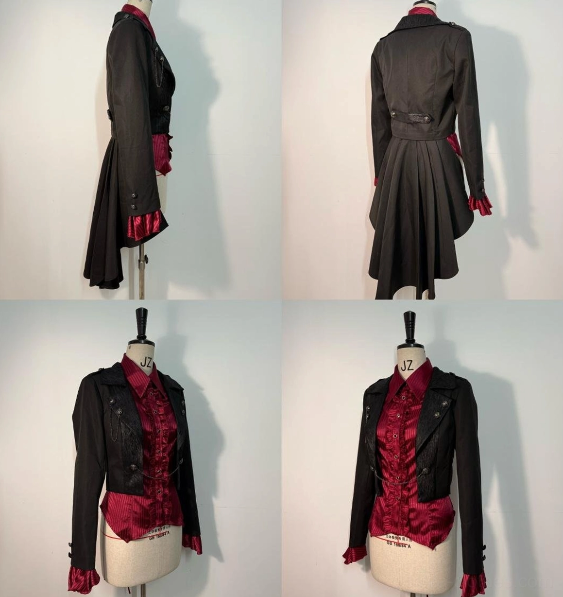 Multi-angle product showcase of black Ouji Lolita short coat displaying front, back, and side perspectives showing removable train, blazer lapel details, and overall tailoring