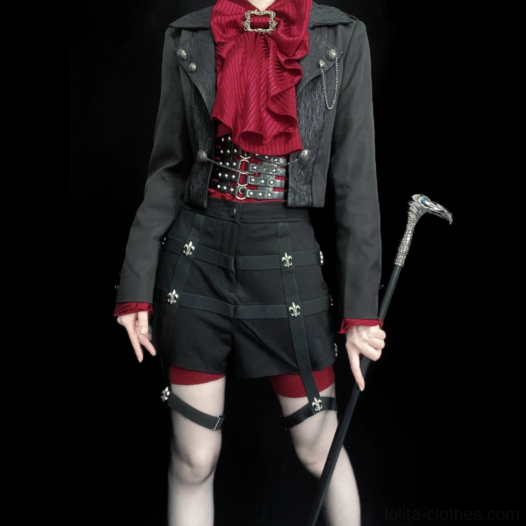 Professional studio view of black Ouji Lolita cropped coat with detachable metal chain front placket and removable back train, full torso display