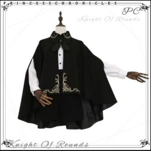 Black Ouji Lolita embroidered cape front full display golden floral hem embroidery detachable bow collar dress form
