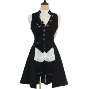 Black Ouji Lolita high-low vest coat sleeveless tailored waistcoat with vintage silver carved buttons and adjustable back corset lace-up straps front display on dress form with white frilled blouse