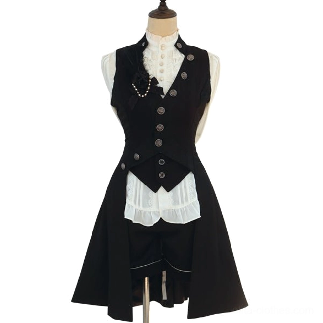 Black Ouji Lolita high-low vest coat sleeveless tailored waistcoat with vintage silver carved buttons and adjustable back corset lace-up straps front display on dress form with white frilled blouse