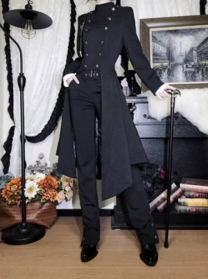 Black Ouji Lolita military tailcoat set with formal black pants and leather dress shoes, holding vintage walking cane, double-breasted stand collar and extended high-low tailcoat hem, vintage indoor scene
