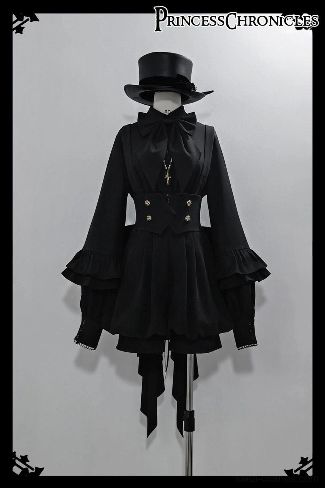 Black Ouji Lolita aristocratic top with corset waist on mannequin wearing top hat, showing detachable back sash, ruffled cuffs, cross accessory, and full gothic lolita styling