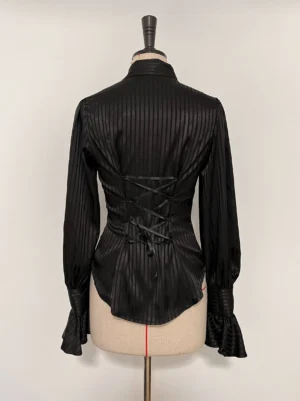 Black striped Ouji Lolita shirt back view displaying corset-style lace-up back closure and flared long sleeves on dress form