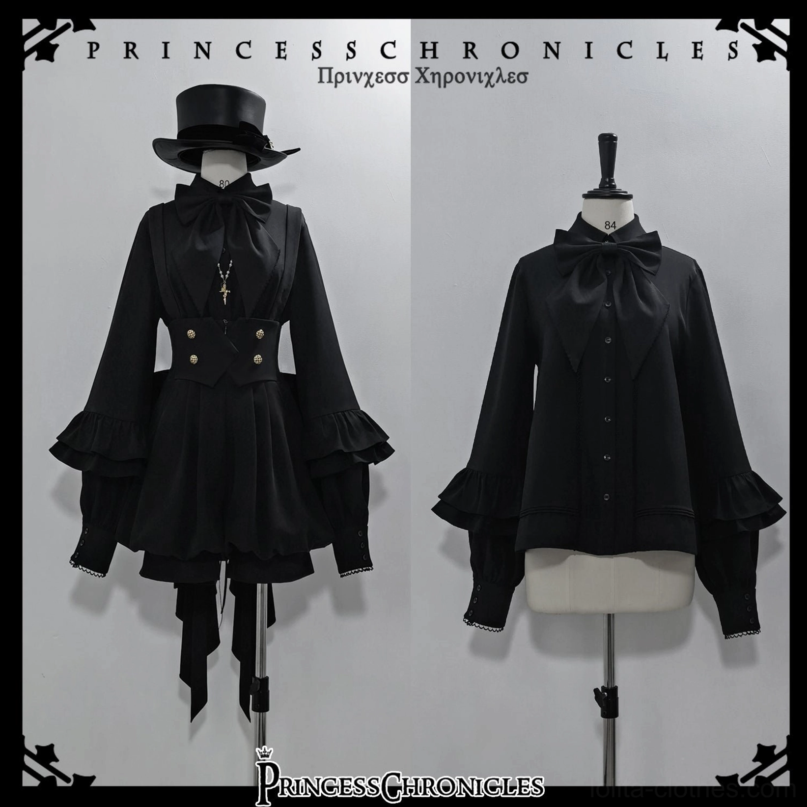Two black Ouji Lolita shirt variants displayed on mannequins showing corset waist design and basic shirt with detachable bow tie, both featuring bishop sleeves and front buttons