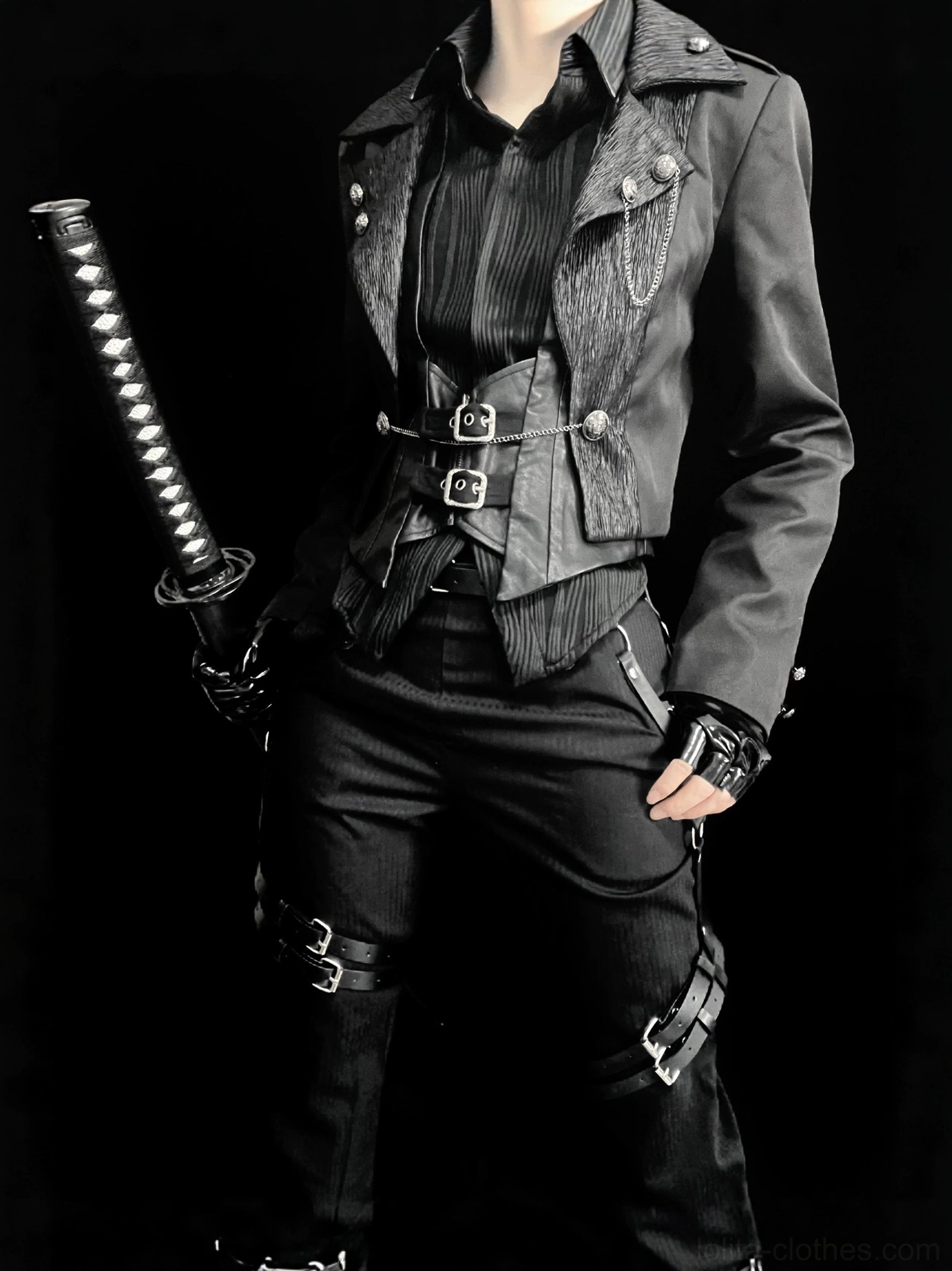 Black Ouji Lolita short coat with detachable trailing train and metal chain front decoration, demonstrating versatile open front design and fitted waist tailoring