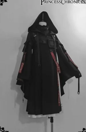 Black wasteland Ouji lolita tactical coat set front flat mannequin display with oversized hood and red English-print ribbon accents