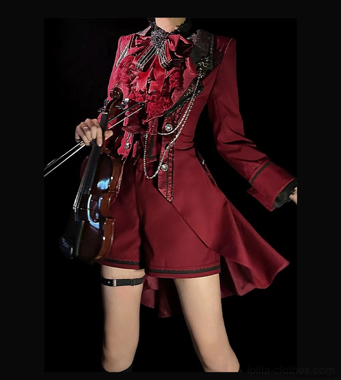 Black Ouji Lolita tailcoat jacquard fabric texture silver metallic threading glitter edge detail close-up luxury