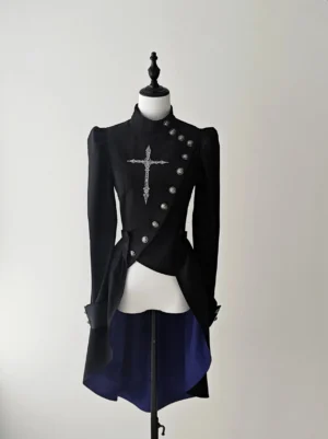 Black Ouji Lolita tailcoat with silver cross embroidery and asymmetrical button detailing, displayed on dress form with detachable blue-lined trailing hem, front view