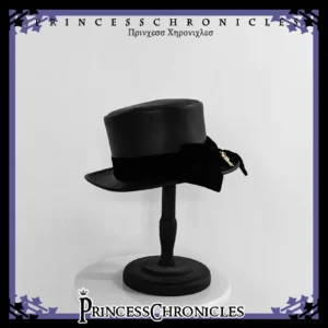 Black Ouji lolita top hat with velvet bow and metal charm pendant displayed on hat stand, front static view showing retro prince bowler headdress design details