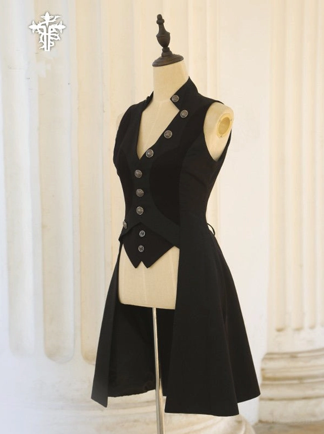 Black Ouji Lolita vest coat side three-quarter view on dress form showing stand collar sleeveless cut and flared high-low hem with adjustable back strap neoclassical interior setting