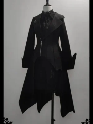 Black Ouji Lolita long vest flat display showing front zipper closure lapel design and irregular hem detail