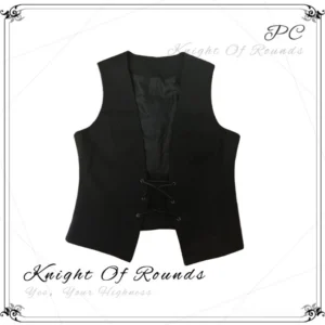 Black retro Ouji Lolita waistcoat with V-neck corset lace-up front design, flat lay product photography