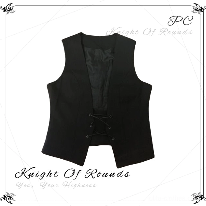 Black retro Ouji Lolita waistcoat with V-neck corset lace-up front design, flat lay product photography