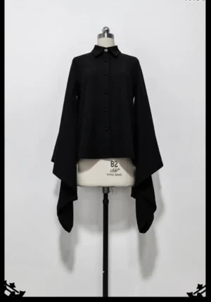 Black Ouji Lolita wide sleeve blouse front view on dress form, featuring stand-up collar, dramatic draped sleeves, and button front closure