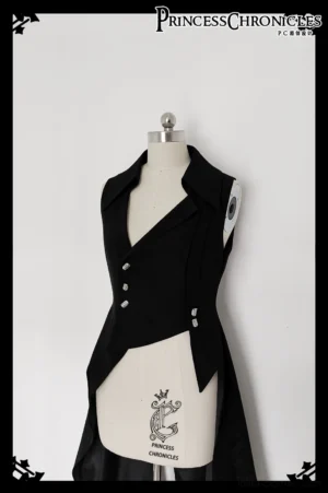 Black Ouji prince waistcoat close-up front view on dress form showing notched lapel, double-row silver decorative buttons, asymmetrical high-low tail hem, and structured tailored fit details