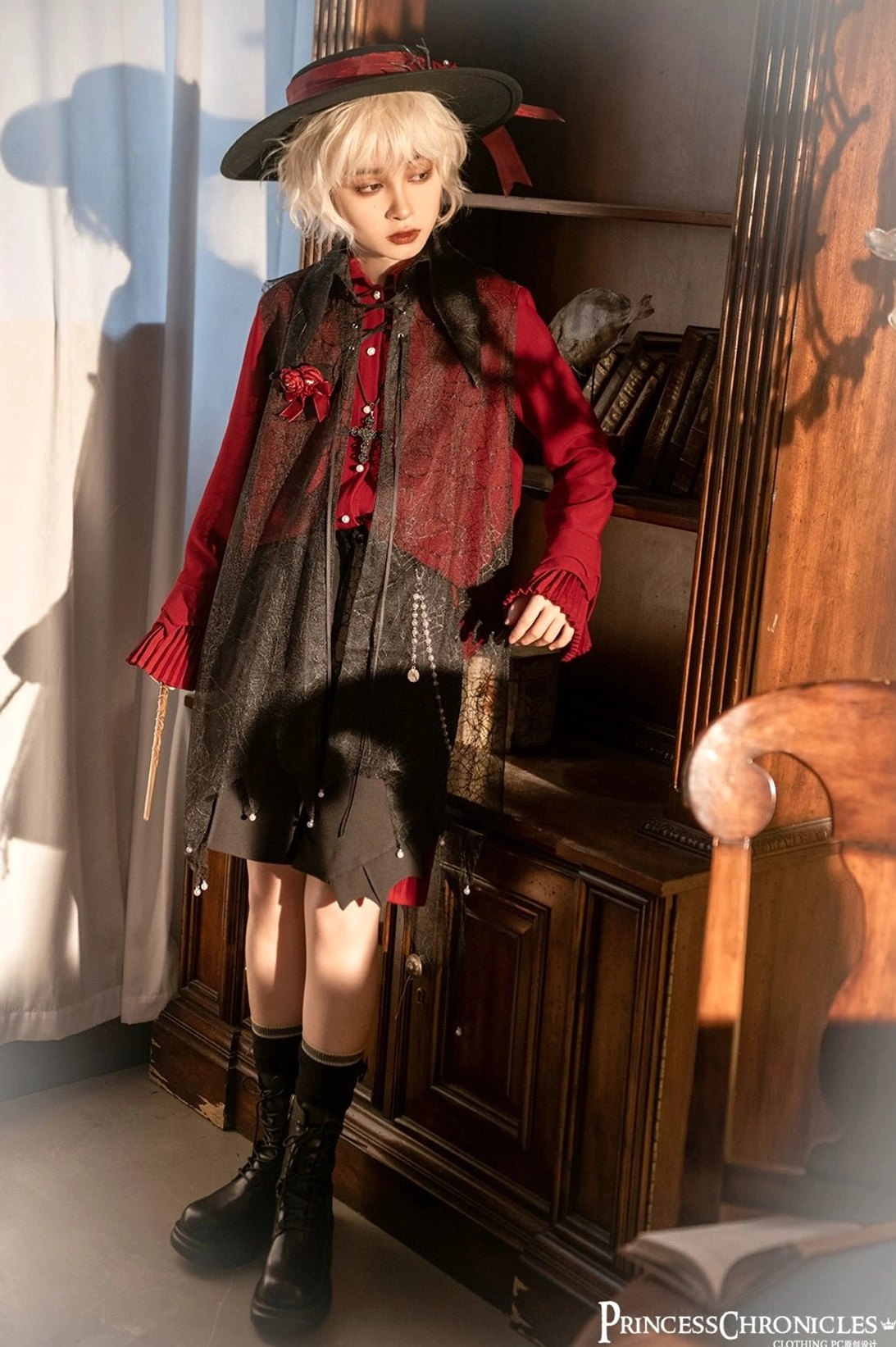 Black Ouji long sleeve shirt front button placket irregular pointed collar detail shot gothic fashion