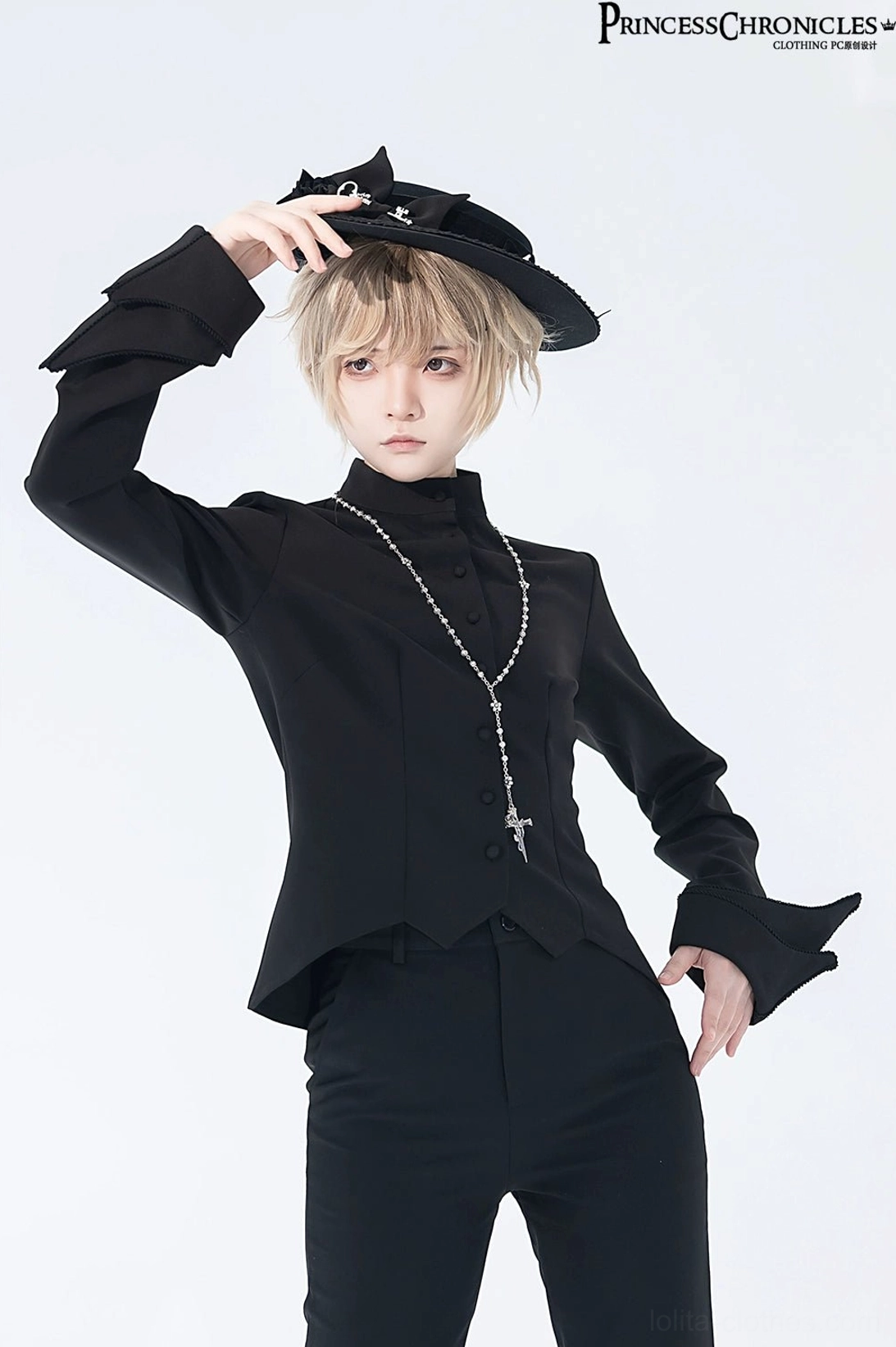 Black swallowtail Ouji Lolita long vest fashion detail photography showcasing premium polyester-viscose fabric construction and formal tailored vest design for alternative fashion