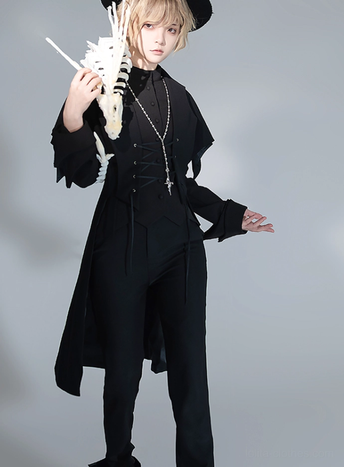 Three-quarter front view of black swallowtail Ouji Lolita tailcoat vest on blonde male model with bat-wing split sleeves, lace-up corset front, and formal accessories including bow hat