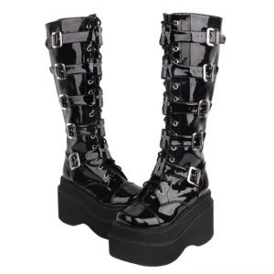 black patent leather punk lolita high platform boots adjustable buckle straps side front angle