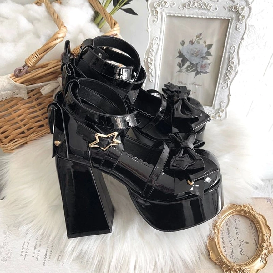 Patent black lolita heels authentic lolita design round toe single-strap buckle foundational aesthetic