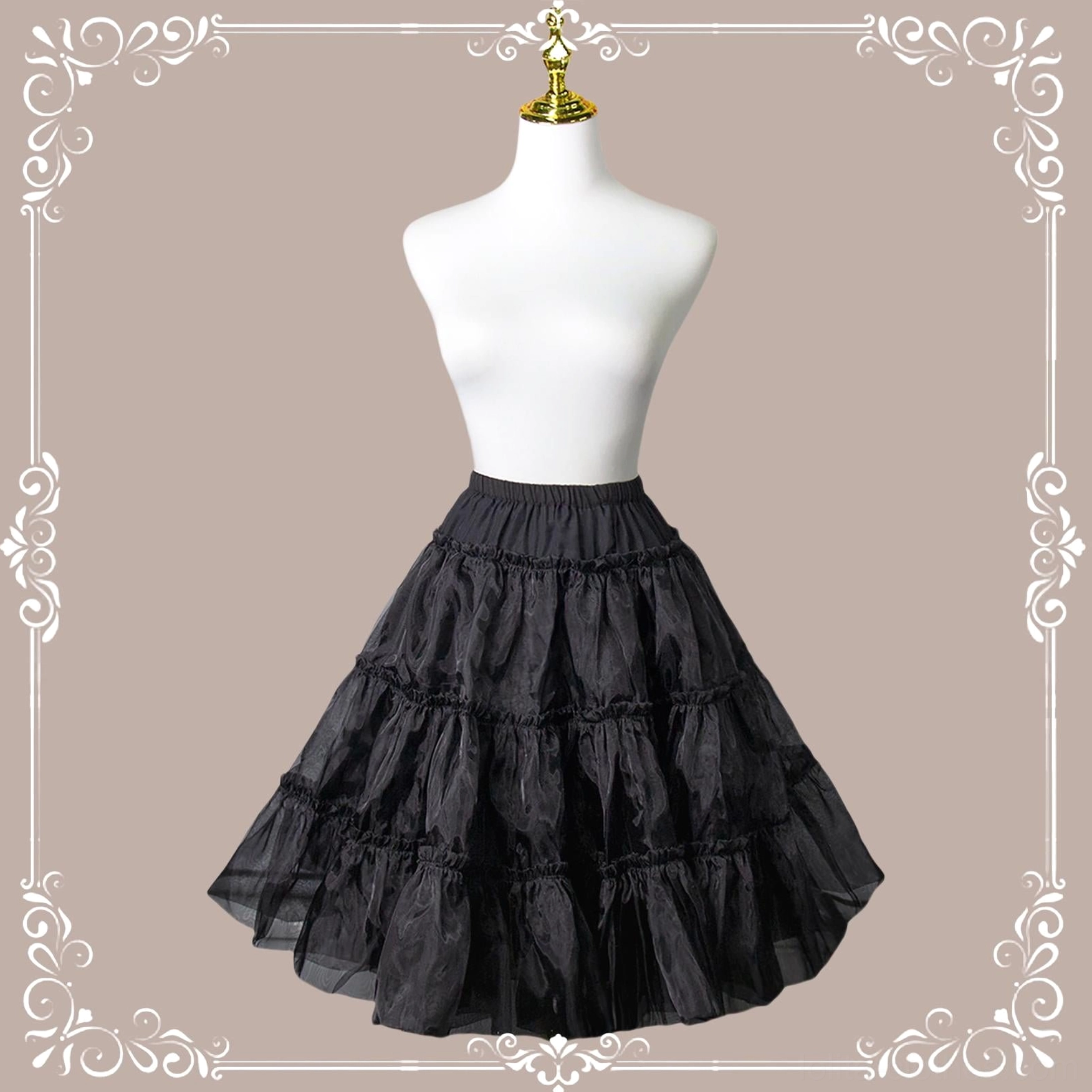 Black daily wear tiered ruffled petticoat front view dress form high waistband fluffy tulle layers