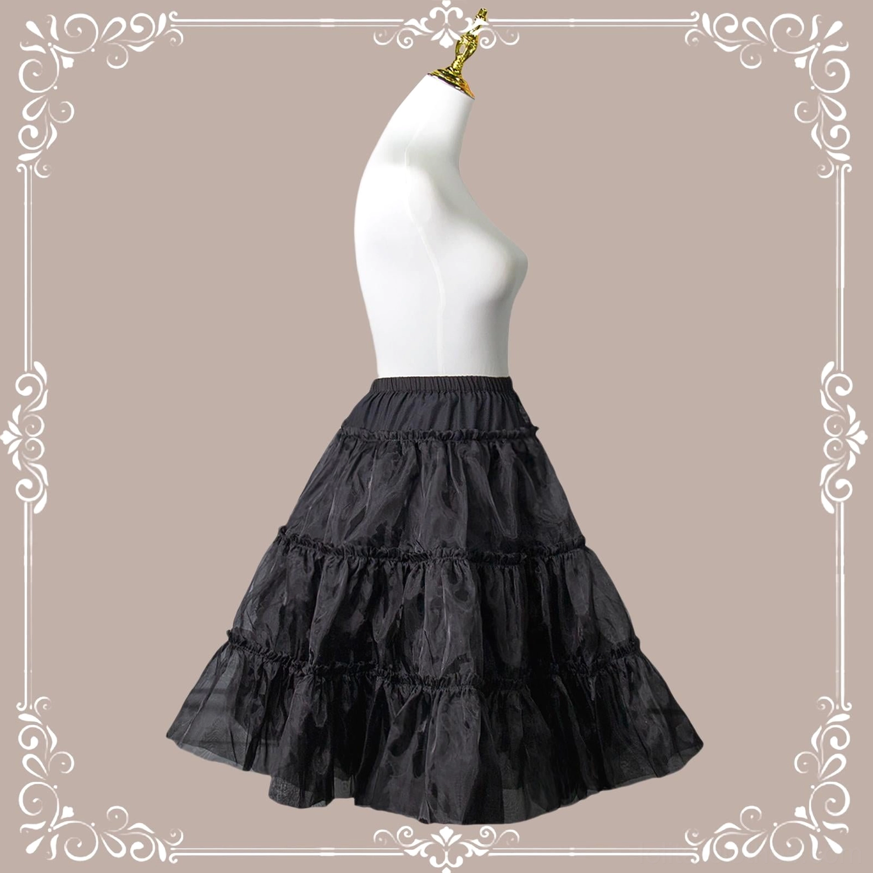 Black tiered ruffled petticoat side back view dress form smooth high waist fluffy tulle tiers
