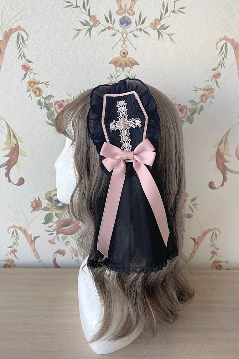Black-pink Gothic Lolita Cross Maiden hair clip embroidered cross metal embellishments veil accessory