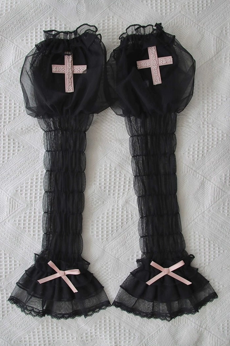 Black-pink Gothic Lolita puff arm sleeves featuring contrast color blocking, cross maiden embroidery and satin ribbon bow details for complete Lolita coordinate