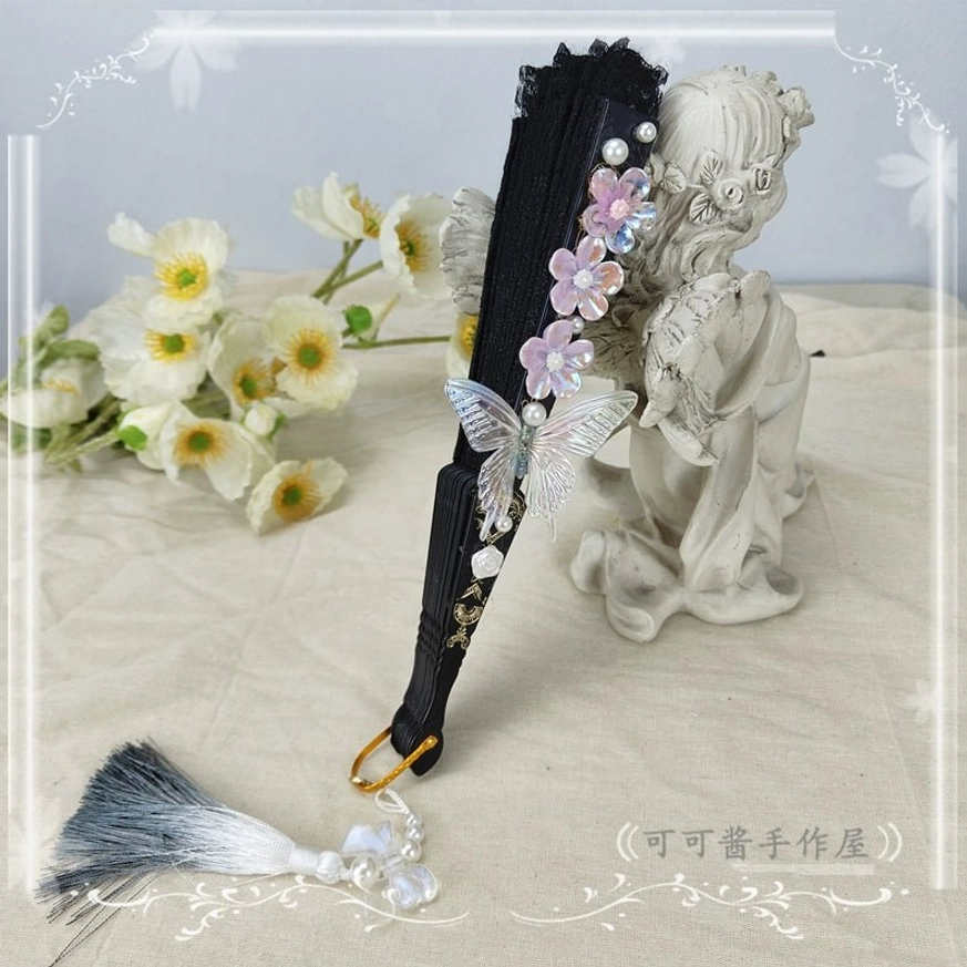 Black pink lolita folding fan variant with delicate butterfly and gradient flower embellishments tassel bead accent for sweet lolita styling