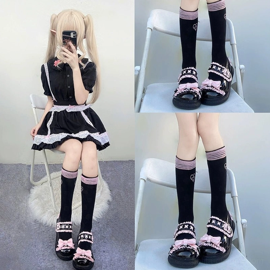 Mixed close-up and full model view of black-pink Lolita Mary Jane shoes with maid-style Lolita outfit, black patent leather with pink bow accents and star buckle straps