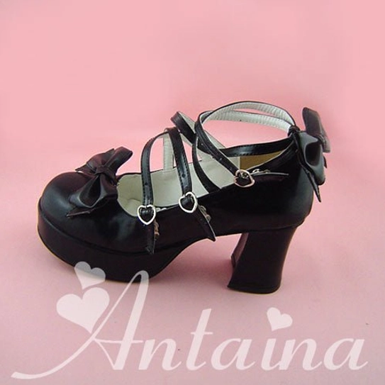 Black and pink sweet Lolita Mary Jane platform shoes with crisscross straps and bow decorations showing design variation versatility