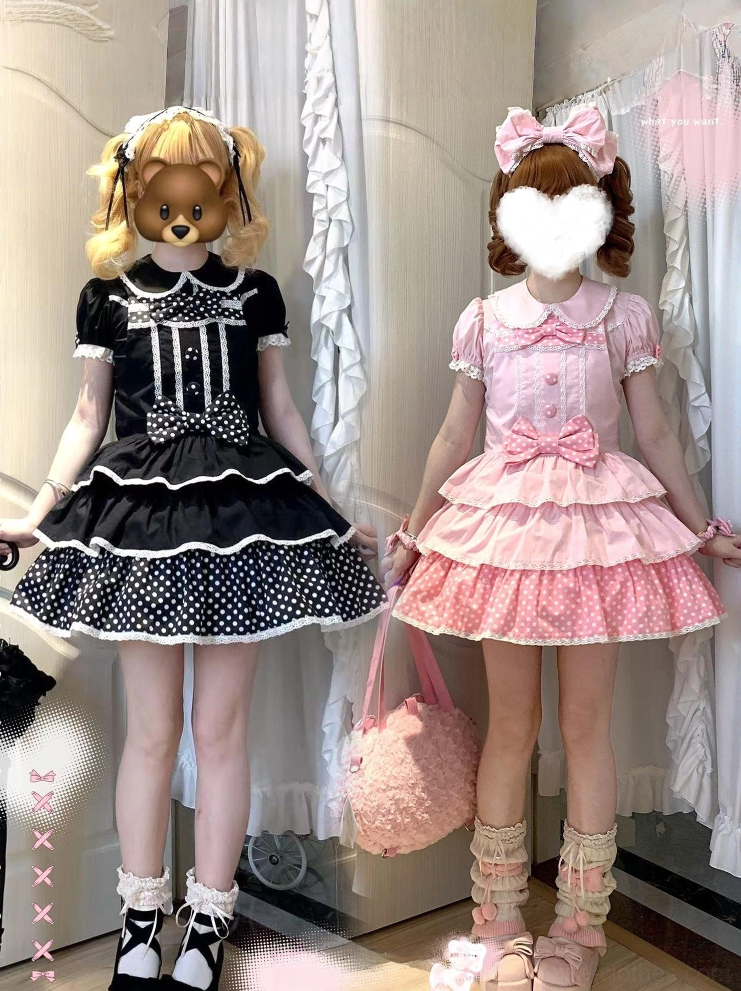 Black and pink sweet lolita salopette jsk ensemble display full body models styling