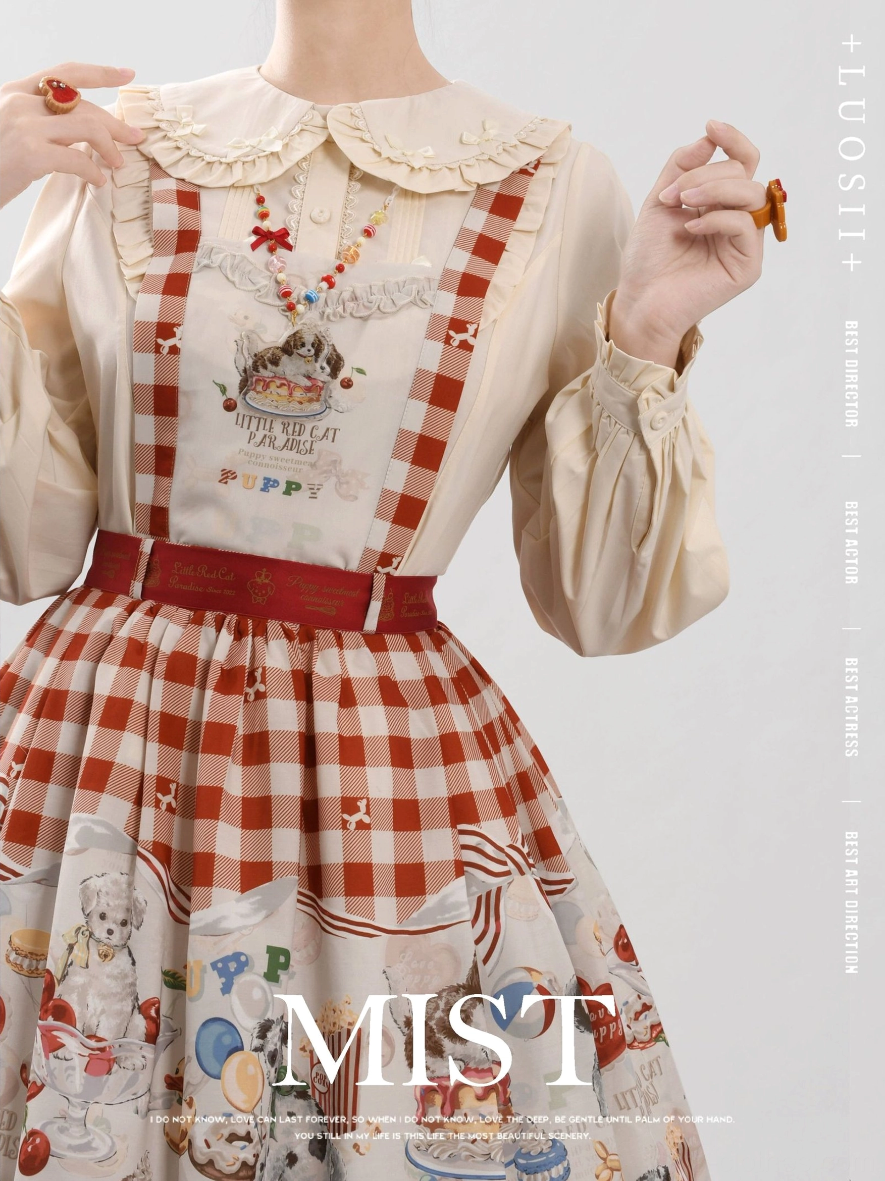 Black pink two tone sweet lolita blouse doll collar bubble sleeves ruffled hem bow accents hybrid style