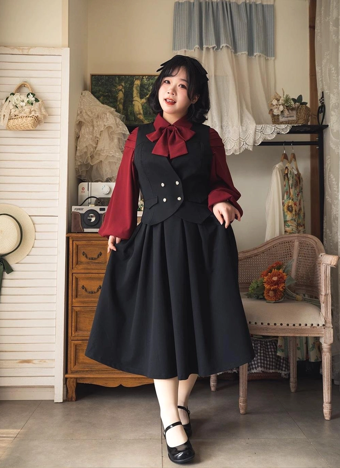 Black high-waisted pleated Lolita midi skirt with burgundy long-sleeve blouse, classic formal vintage style