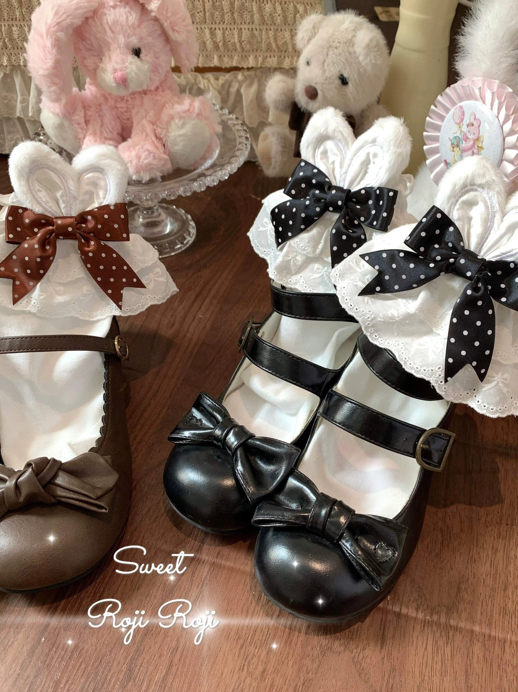 Black polka dot sweet lolita socks bunny ear decoration ribbon bow accents classic lolita coordinate cotton material handcrafted