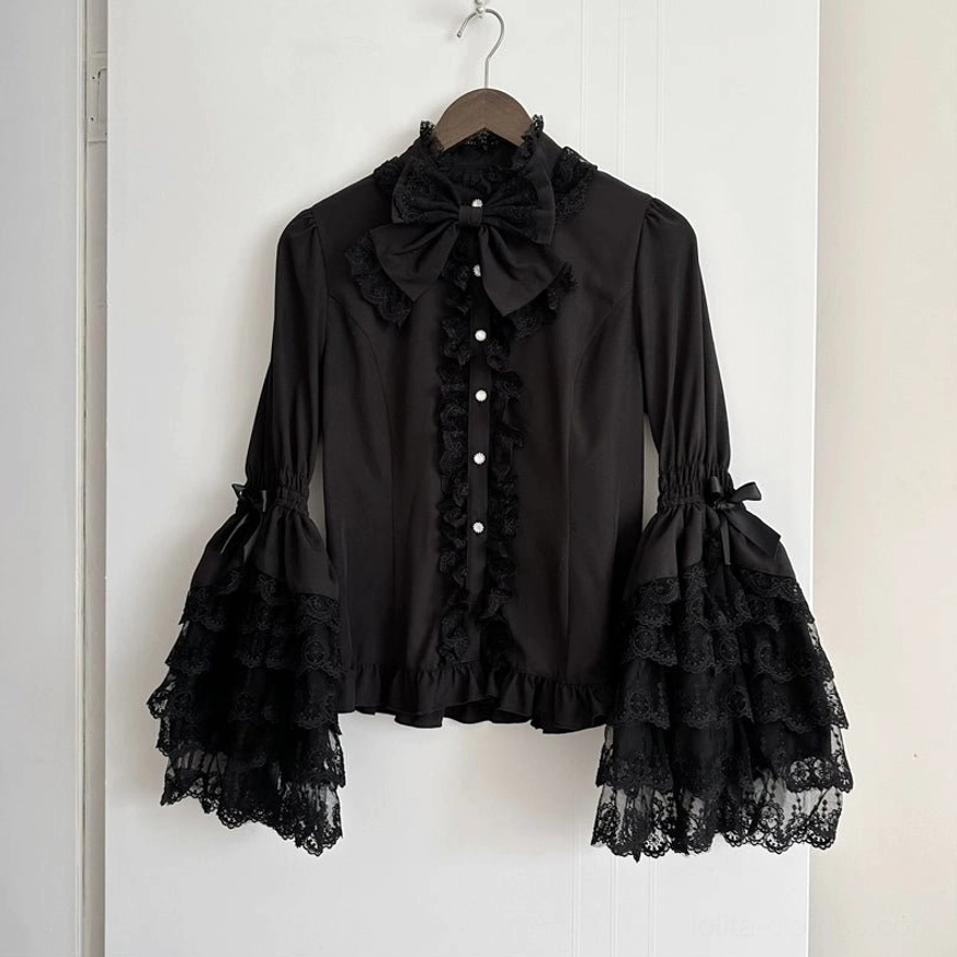 Black princess sleeve blouse for sweet wedding lolita coordinate with stand collar lace ruffles and detachable bow