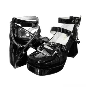 Black punk lolita platform heels with patent leather finish, cross-adorned heel, metal chains and rivet embellishments, adjustable buckle ankle straps, square toe design, chunky block heel with platform base