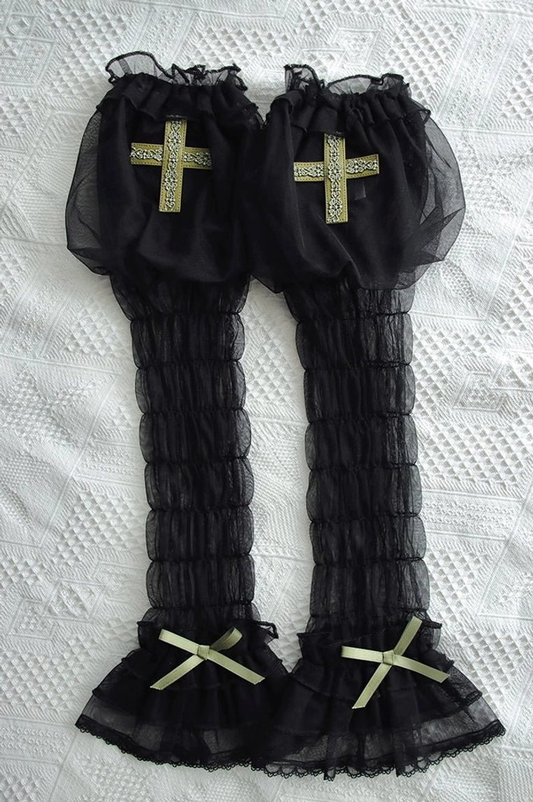 Black-purple Gothic Lolita arm sleeves with mysterious cross maiden design and tiered ruffled mesh construction for dark romantic Lolita fashion aesthetic