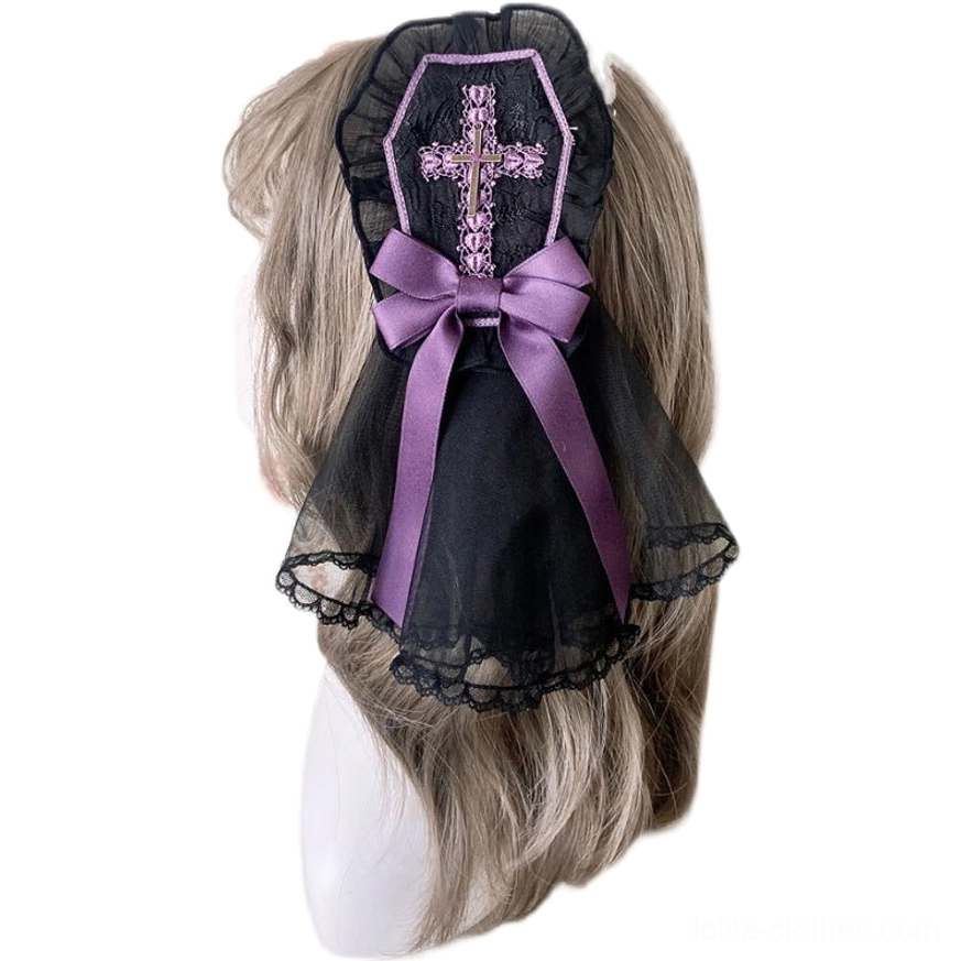 Black-purple Gothic Lolita hair bow clip with purple cross embroidery and ruffled lace hem