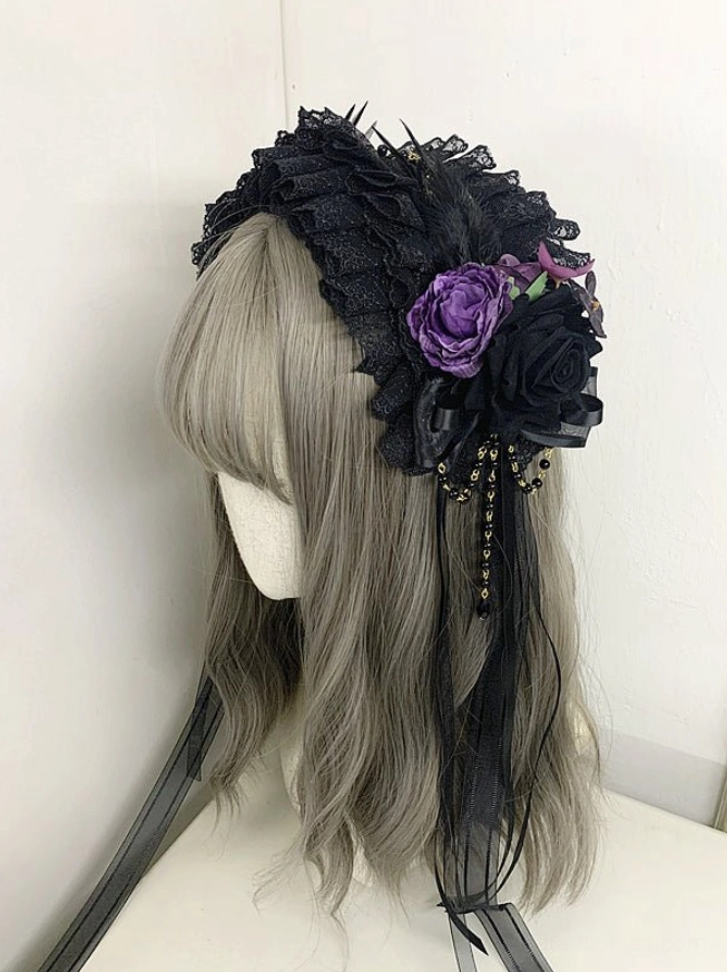 Black and purple gothic lolita lace headdress with purple black silk roses beaded satin ribbon tassels front side view mannequin styling