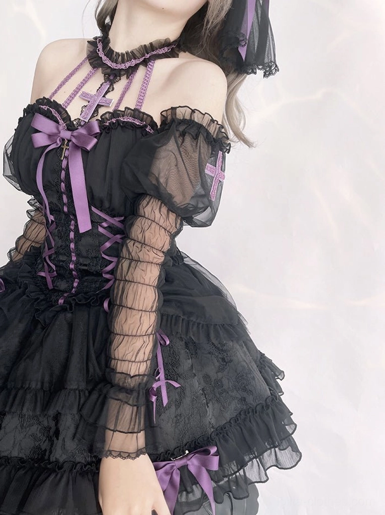 Black-purple Gothic Lolita puff sleeves with cross maiden embroidery and tiered ruffled mesh construction for mysterious dark romantic Lolita aesthetic