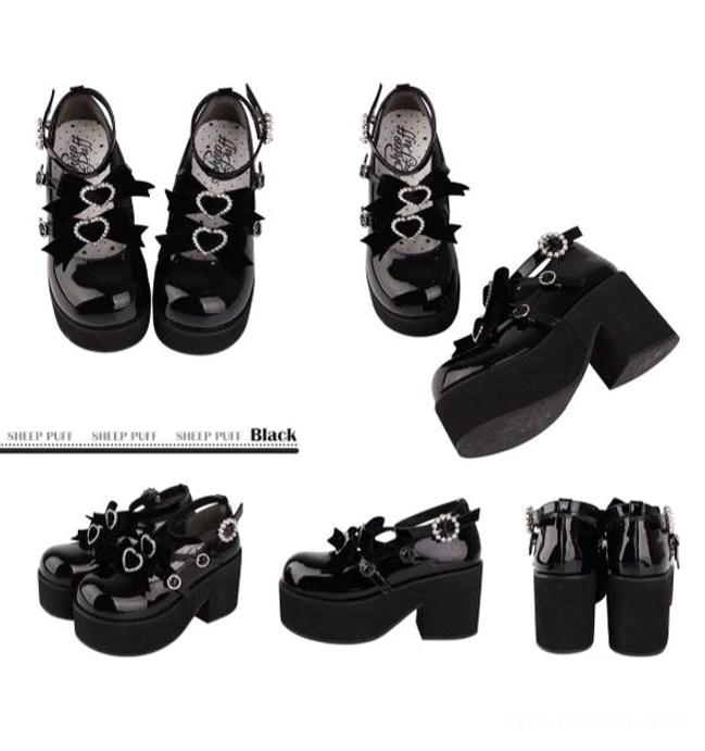 Black purple sweet lolita platform shoes styled with tiered ruffle dress matching lolita coordinate holding display sheer curtain background