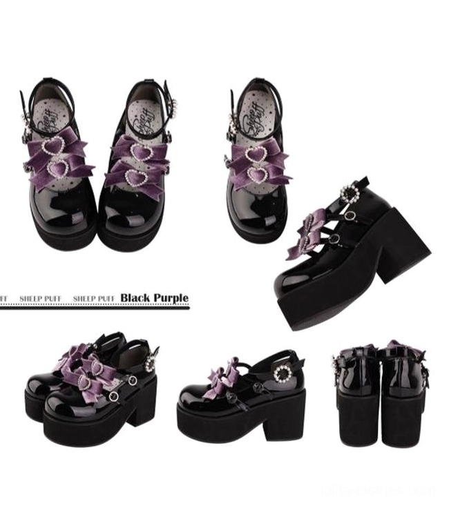 Black purple lolita platform heels multi-angle product shot showing satin bow decoration heart ornament glossy patent leather chunky block heel ankle strap