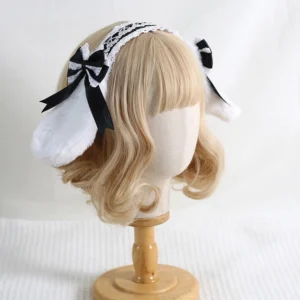 Black sweet lolita rabbit ear KC headband with fluffy ears and detachable black satin bows white lace trim front view